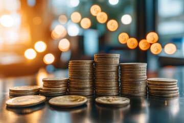 Stacks of coins arranged in visually appealing manner, with blurred background featuring glowing dollar signs. This image conveys themes of wealth, finance, and investment