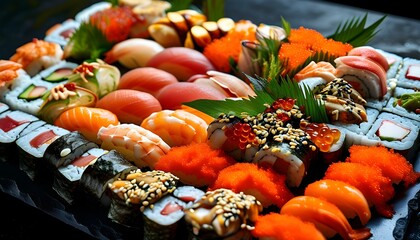 Colorful Assorted Sushi and Sashimi Platters Featuring Fresh Seafood and an Array of Delicious Rolls