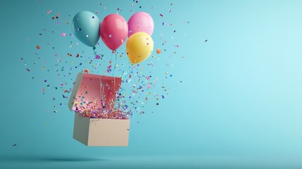 A gift box bursts open to release colorful balloons and confetti, celebrating joyous moments in a bright atmosphere