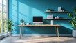 © thanawat - Stylish home office with a modern desk, computer, plants, and vibrant blue wall, perfect for productivity and inspiration.