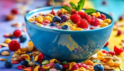 Wall Mural - Vibrant fruit cereal in a blue bowl with milk, artistically scattered cereal pieces on a lively tabletop