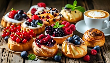 Delightful spread of freshly baked pastries with mixed berries and a rich cappuccino on a rustic wooden table