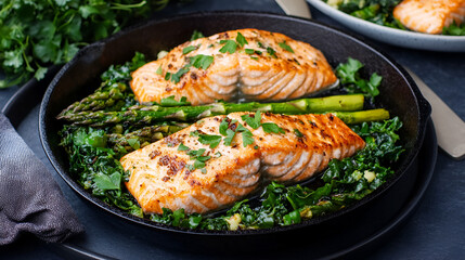 Wall Mural - A tasty low carb breakfast featuring healthy baked salmon steaks with greens and asparagus served in a black cast iron skillet deliciously showcased in a copy space image