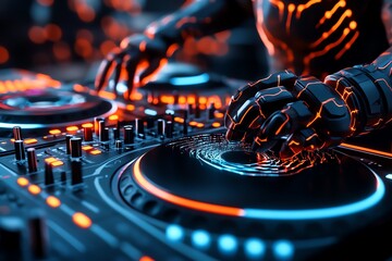 Poster - Magical DJ set in a futuristic world, where holographic soundwaves and glowing lights create a mesmerizing show, as futuristic beings dance to the electronic beats