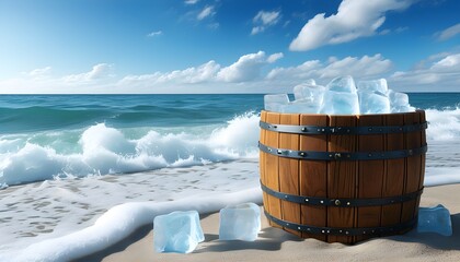 Chilled wooden bucket overflowing with ice cubes on sandy beach near the sparkling sea beneath a vibrant blue sky