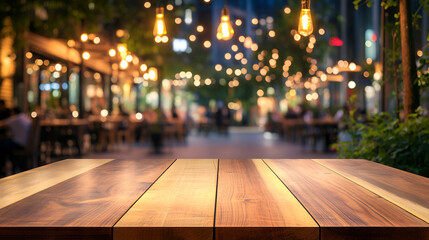 A wooden table is displayed in a blur of a modern night scene at a bustling restaurant offering a generous copy space image for presenting products or food