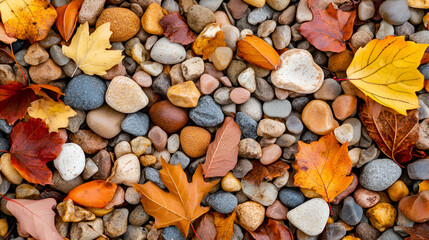 Gravel mingled with dry leaves creating a textured surface suitable for a copy space image