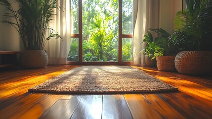 Canvas Print - Sunlight streaming through window in home interior with plants and wooden floor.  Sunlight, home interior, wooden floor, plants, window, garden, relaxing,  peaceful