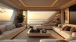 © atar - Luxury yacht interior living room with large windows and view of ocean sunset