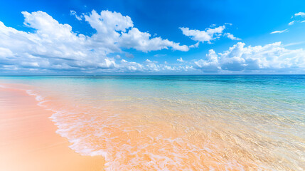 A scenic beach setting with clear turquoise waters gentle waves pink sandy shores under a sunny blue sky with fluffy white clouds a beautiful seascape perfect for summer ideal as a copy space image