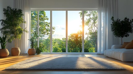 Canvas Print - Minimalist living room with large windows and sunset view. Interior design, modern, home, relaxation, nature, calm, contemporary