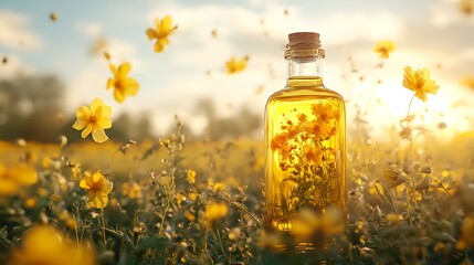 Wall Mural - A glass bottle filled with yellow flowers stands in a field of blooming wildflowers at sunset.