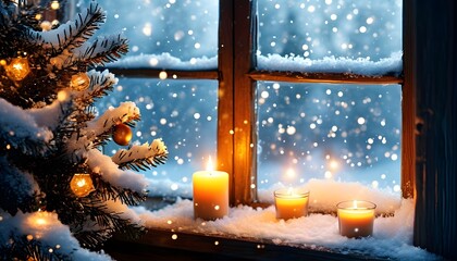 Wall Mural - Warm holiday ambiance with a decorated window, flickering candles, and a snow-covered Christmas tree in a cozy winter setting