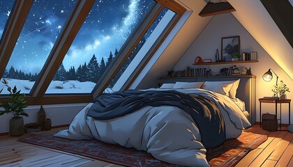 Wall Mural - Cozy Attic Bedroom Embracing a Starry Night Sky in Lofi Anime Style