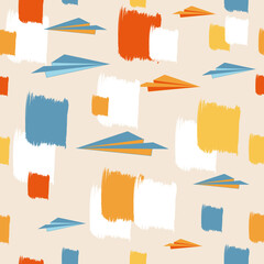 Aufkleber - Abstract modern color pattern with brush strokes and paper planes. Messy graffiti sketch wallpaper print, freehand rough hand drawn texture