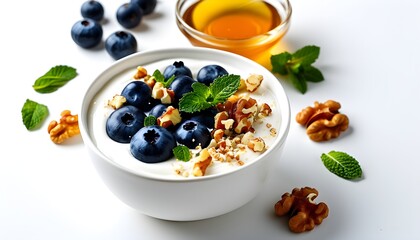 Wall Mural - Refreshing bowl of yogurt adorned with blueberries, chopped walnuts, honey drizzle, and a sprig of mint on a clean white surface