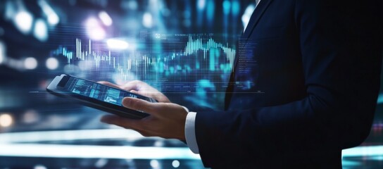 Businessman using tablet with financial graph hologram and stock market data, futuristic office background showcasing modern business technology and investment.