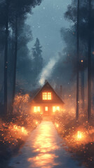 Poster - Cozy cabin glowing warmly in a misty forest.