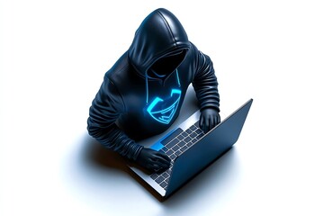 Poster - Minimalist hacker icon, with a sleek, simple design of a hooded figure and a laptop, representing digital anonymity and cyber activities