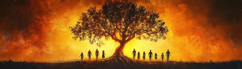 A silhouette of people gathered under a majestic tree, set against a dramatic, fiery sunset, symbolizing unity and resilience.