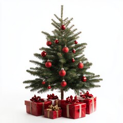 Decorated small Christmas tree with red ornaments and colorful gifts on a festive white background during the holiday season