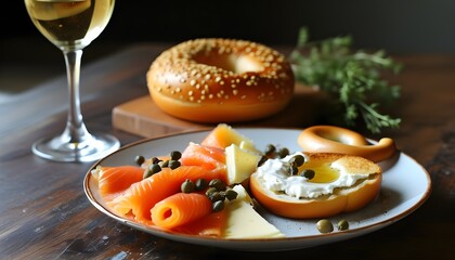 Wall Mural - Elegant brunch display featuring smoked salmon, cream cheese spread, capers, bagels, and a refreshing glass of white wine