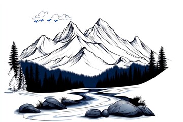 Leinwandbilder - Minimalist mountain landscape, with clean, simple lines depicting towering peaks, a forested valley, and a flowing river under a clear sky