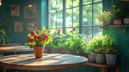 Poster - Potted plant on wooden table near window with sunlight, green wall, and other plants