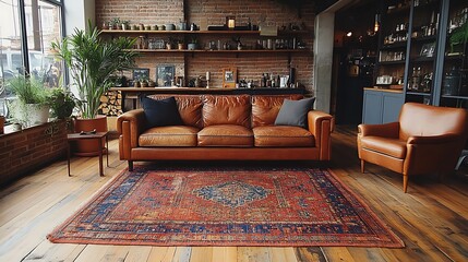 Poster - Modern living room interior with brown leather sofa, armchair, wooden floors, vintage rug, and brick wall