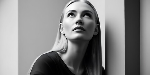 B&W minimalist elegance with a blonde caucasian female model. Woman poses in a sleek and modern setting, dressed in monochrome separates, clean lines, embodying timeless sophistication and simplicity 