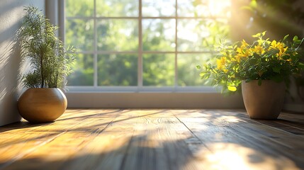 Poster - Sunlight streaming through window with potted plants on wooden table