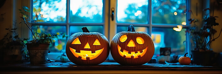 Canvas Print - Two carved pumpkins lit up on a window sill.