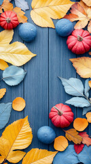 Canvas Print - Autumn leaves and pumpkins frame a blue wood background.