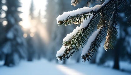 Wall Mural - Snow-covered fir branch in a winter wonderland