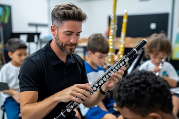 Poster - Music teacher instructing a small group of students, showing them how to play simple notes on a flute or clarinet in a classroom filled with instruments