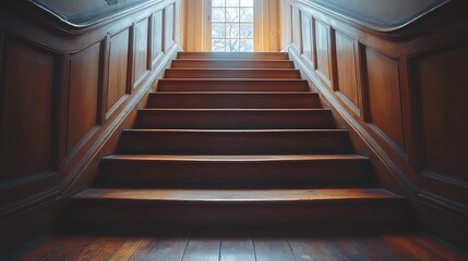 Poster - Wooden staircase leading to a bright window at the top, abstract concept for progress, achievement and growth