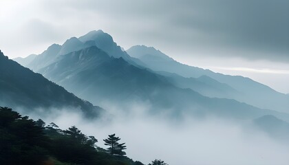 Wall Mural - mysterious fog-covered mountains draped in twilight serenity