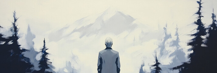 Sticker - A man stands in a snowy forest, gazing at a distant mountain.