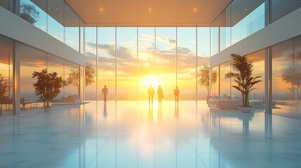 Canvas Print - Silhouettes of people walking towards sunset in a modern glass building lobby