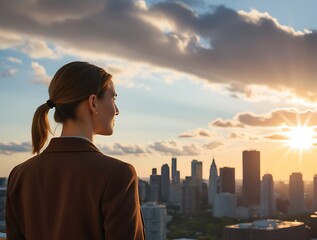 Back view of an executive woman in formal clothing looking at the city skyline with skyscrapers during sunset with a dramatic sky, successful businesswoman concept background (21)