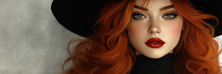 Sticker - A young woman with bright red hair and bold red lipstick looks directly at the camera.