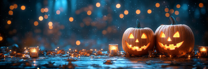 Canvas Print - Two jack-o'-lanterns glow in the dark with festive lights.