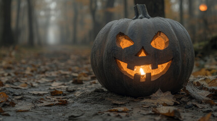 Poster - A carved jack-o'-lantern glows in the dark, surrounded by fallen leaves.