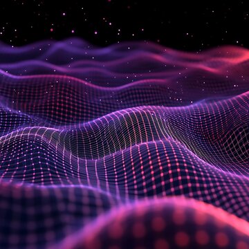 A vibrant 3D sci-fi scene with glowing particles and grid structures image
