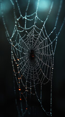 A spiderweb covered in dew drops.