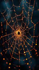 Sticker - A spider sits in the center of its web, glistening with morning dew.