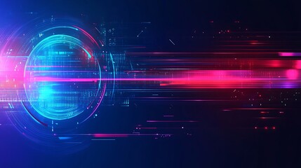 Poster - Abstract digital technology background with glowing lines, digital sphere, and code.
