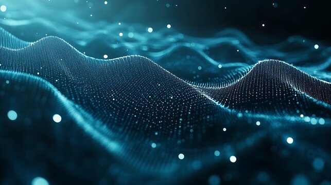 Futuristic 3D sci-fi background showcasing glowing particles and grid patterns