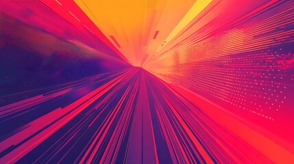 Poster - Abstract digital art background with bright red, orange and purple lines converging in the center of the image, creating a sense of speed and movement.