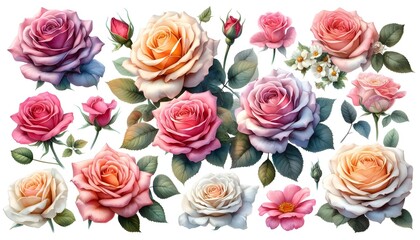 . watercolor botanical illustration, set of bohemian style arrangements, bouquets of red and white roses and p